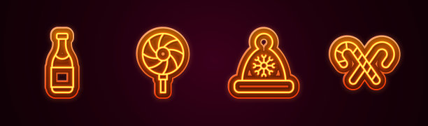 集香槟瓶、棒棒糖、圣诞老人帽、条纹糖果棒于一体。发光的霓虹灯图标。向量图片下载