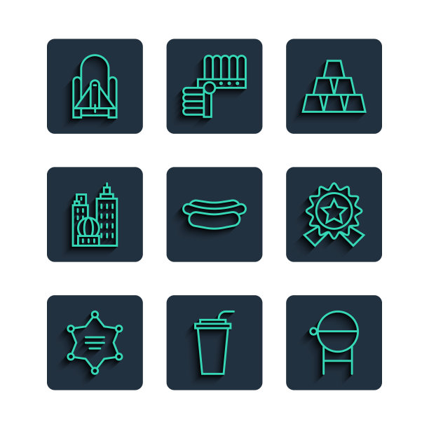 六芒星治安官，纸玻璃吸管，烧烤烧烤，金条，热狗三明治，城市景观，火箭发射从太空港和奖章星图标。向量图片下载