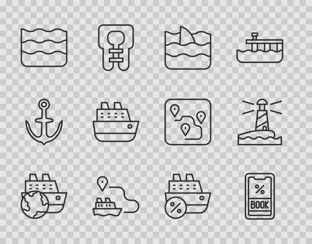 在海浪中设置邮轮、船票、鱼翅、船线路径、海浪和灯塔图标。向量图片下载