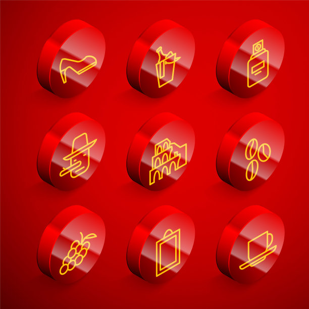 设置线妇女鞋，瓶葡萄酒在桶，香水，皮诺曹，罗马竞技场，咖啡豆，葡萄水果和图片图标。向量图片下载