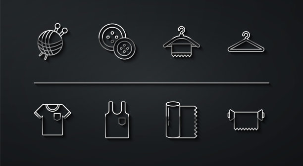 设置线纱线球与针织针，t恤，衣架衣柜，纺织面料卷，无袖，缝纫按钮，图标。向量图片下载