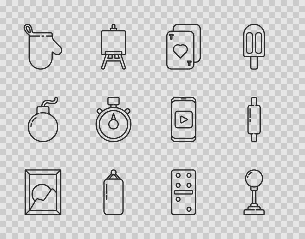 设置线图片景观，操纵杆街机，扑克牌，出拳袋，烤箱手套，秒表，多米诺骨牌和滚动销图标。向量图片下载