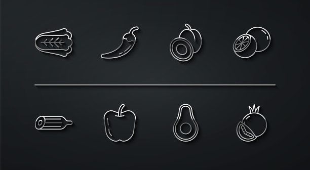 设置线卷心菜，新鲜黄瓜，橙水果，鳄梨，苹果，辣椒辣椒豆荚，番茄和李子图标。向量图片下载