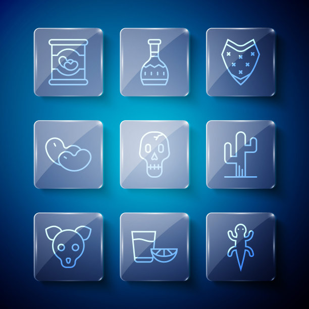 设置线狗，龙舌兰杯与柠檬，蜥蜴，斗篷，头骨，豆子，在罐头和仙人掌的图标。向量图片下载