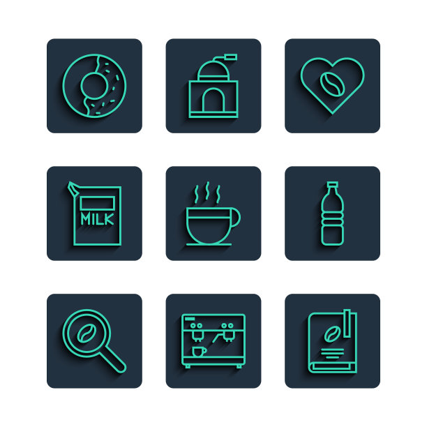 设置线选择咖啡豆，咖啡机，书，情人，杯子，纸包装牛奶，甜甜圈与釉面和瓶装水图标。向量图片下载