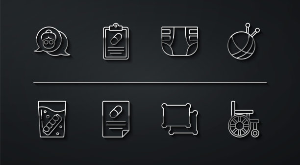 设置线祖母，假下巴在玻璃，纱线球针织针，枕头，医疗处方，轮椅和成人尿布图标。向量图片下载