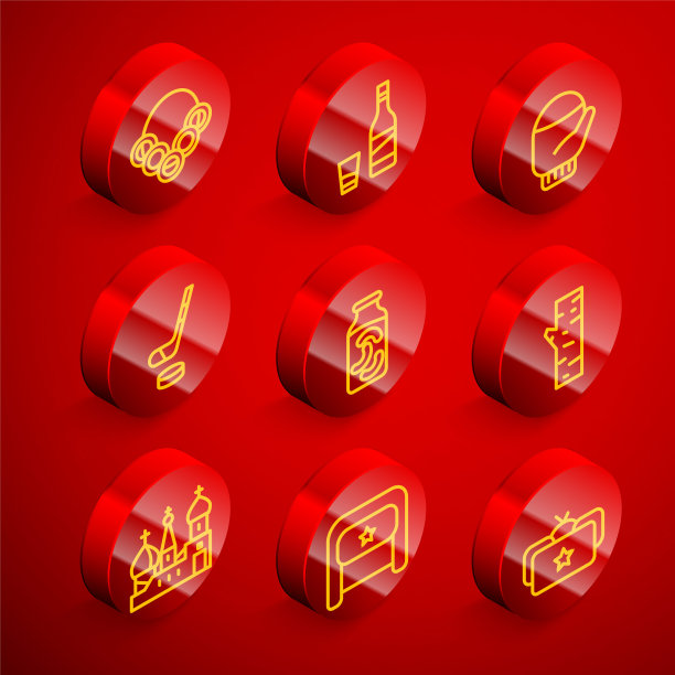 俄罗斯百吉饼、伏特加酒瓶、圣诞手套、冰球棍和冰球、罐子里的腌黄瓜、桦树、圣巴兹尔大教堂和乌桑卡图标。向量图片下载