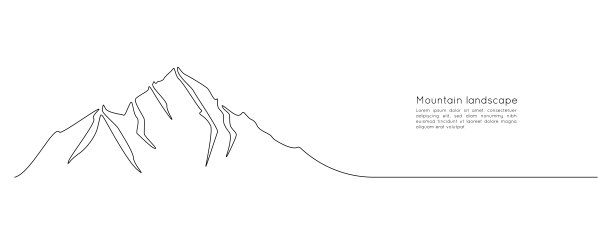 一幅连续线条的山脉景观剪影图。全景天际线与山峰在简单的线性风格。冒险冬季运动概念孤立在白色上。矢量图图片下载