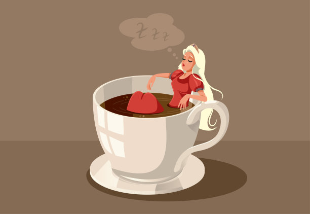 睡美人坐在一杯咖啡矢量漫画插图图片下载