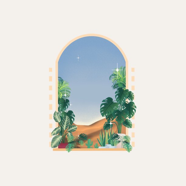 窗户与沙漠和植物观赏插图设计在白天图片下载