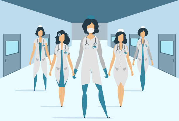 病房里的一组女医生。医务人员医院医生护士矢量插图在现代风格图片下载