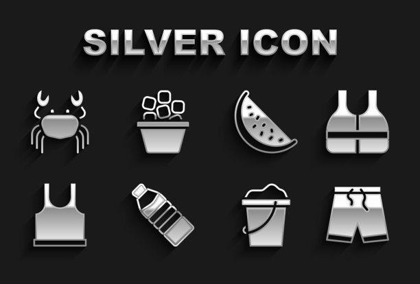 集瓶装水，救生衣，泳裤，沙桶，无袖t恤，西瓜，螃蟹和冰的图标。向量图片下载