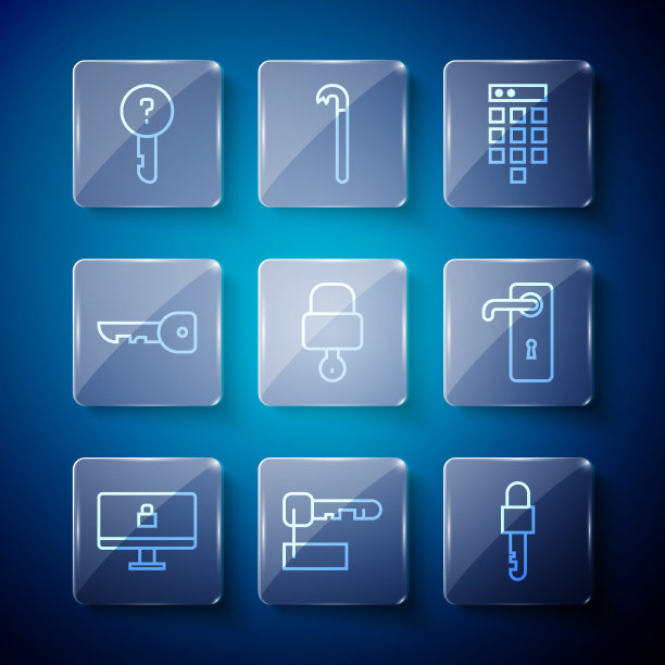 设置“电脑显示器上锁定”、“钥匙已标记”、“锁定”、“密码保护”、“钥匙”、“未定义”和“门把手图标”。向量图片下载