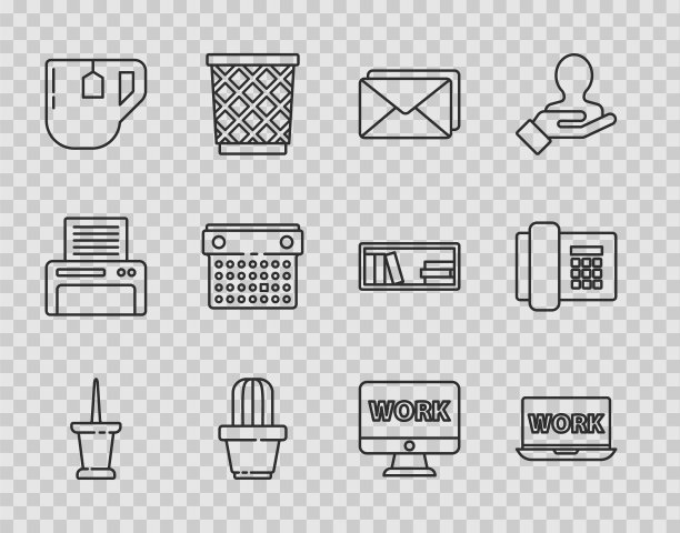 设置线推销，笔记本电脑与文本工作，信封，仙人掌和多汁壶，茶杯茶包，日历，监视器和电话图标。向量图片下载