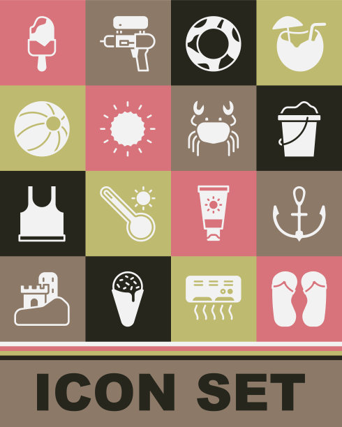 设置人字拖，锚，桶里的沙子，橡胶游泳圈，太阳，沙滩球，冰淇淋和螃蟹图标。向量图片下载