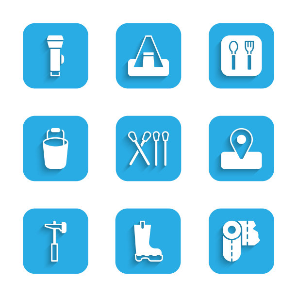 设置火柴棒，防水橡胶靴，纸巾卷，位置露营，锤子，桶，叉子和勺子和手电筒图标。向量图片下载