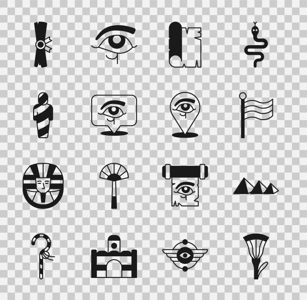设置埃及莲花，金字塔，旗帜，纸莎草卷轴，荷鲁斯之眼，木乃伊和图标。向量图片下载
