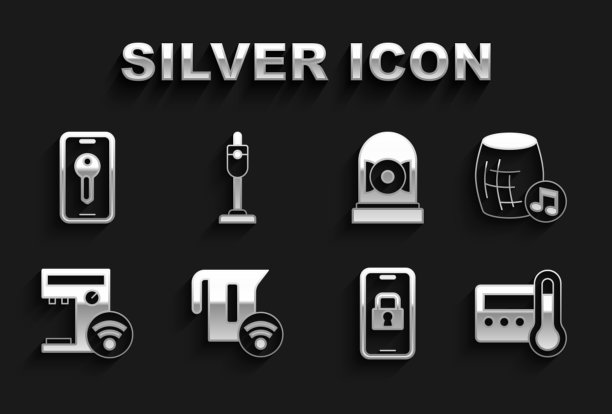 设置智能电水壶、语音助手、恒温器、数字门锁、咖啡机、铃声、钥匙和吸尘器图标。向量图片下载