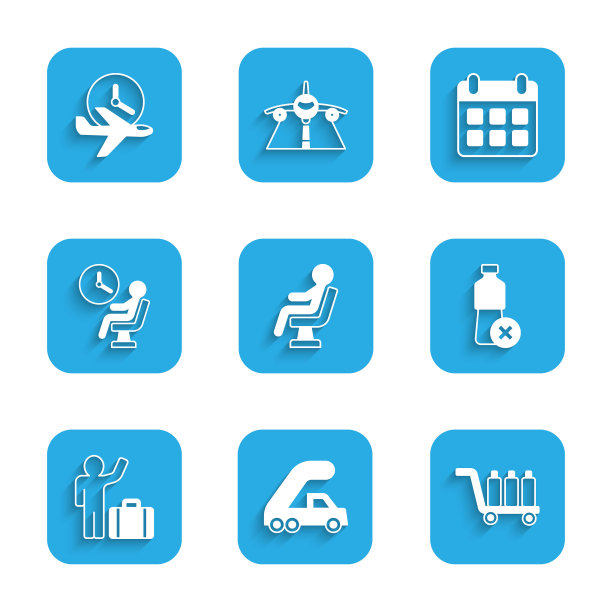 设置人在机场候机楼候机、乘客登机梯、手推车行李、无水瓶、带旅行箱的游客、日历、飞机和飞行时间图标。向量图片下载