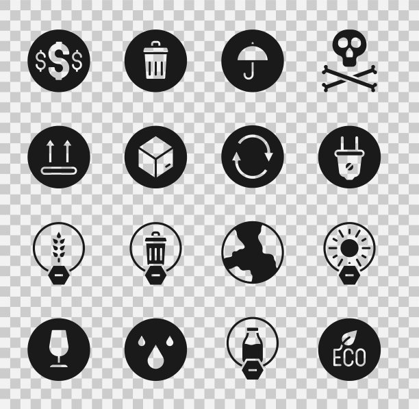 设置树叶生态标志，无阳光直射，电插头，送伞包裹，纸箱纸箱，温度洗涤，美元和回收图标。向量图片下载