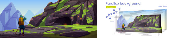 视差背景旅行者在山区景观图片下载