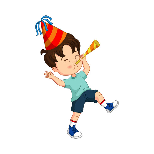快乐的小男孩吹着纸喇叭图片下载