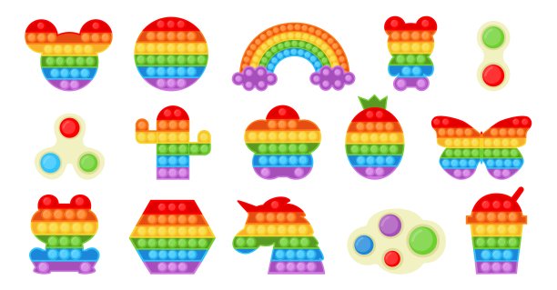 烦躁不安的流行的玩具。色彩缤纷的抗压力popit上瘾的游戏为儿童不同的形状和感官硅胶推和爆裂的泡沫。矢量时尚彩虹浮雕小工具集图片下载