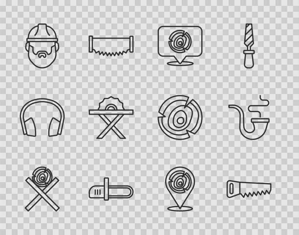 设置线木制原木在一个立场，手锯，电锯，伐木工人，电动圆形，和吸烟管图标。向量图片下载