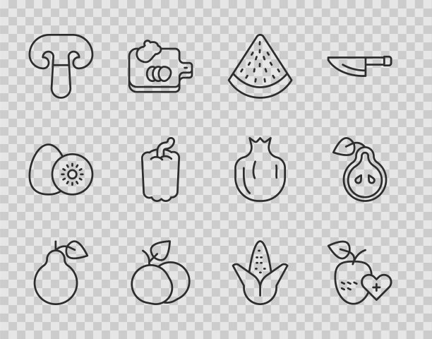 设置线梨，健康水果，西瓜，芒果，蘑菇，甜椒，玉米和图标。向量图片下载