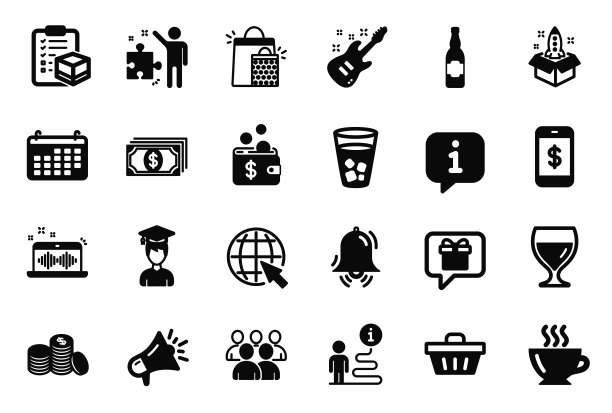 向量集的简单图标相关的酒杯，购物篮和日历。向量图片下载