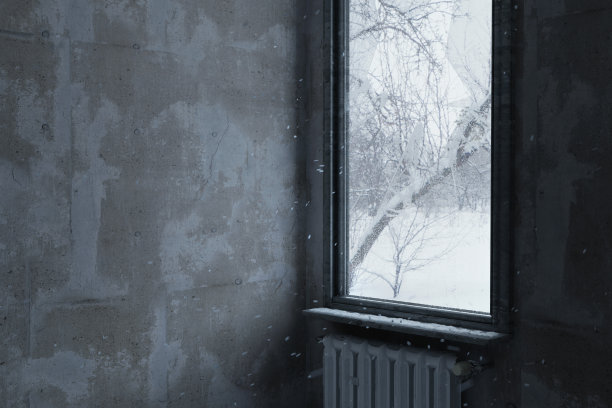 窗户破碎，雪花飘落的废弃房间的三维渲染图片下载