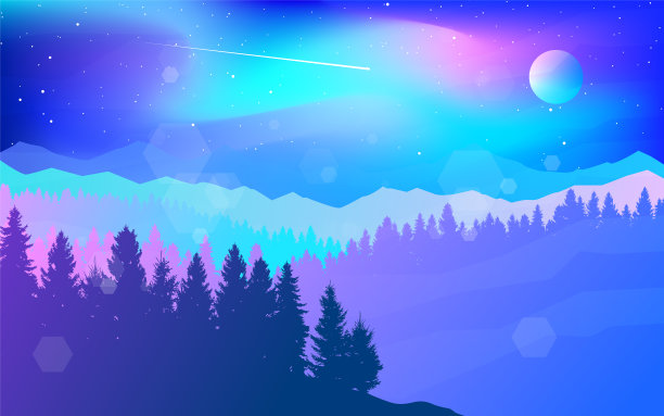 北极光。北极的极光。晚上北方。旅行，发现，探索，观察自然。徒步旅游。冒险。极简主义的图形传单。平面设计。山景观图片下载