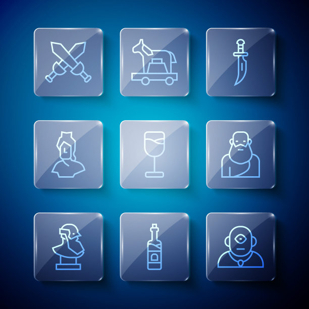 古代半身像，酒瓶，独眼巨人，匕首，酒杯，中世纪十字剑和苏格拉底图标。向量图片下载