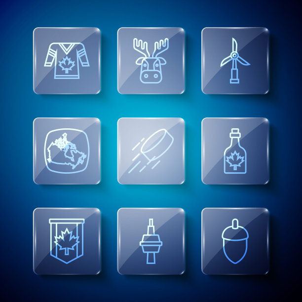 设置线加拿大国旗，电视CN塔在多伦多，橡果，风力涡轮机，曲棍球，地图，球衣和瓶子枫糖浆图标。向量图片下载