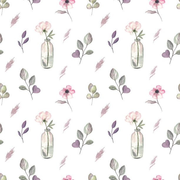 春天水彩无缝图案与花和叶在白色背景。图片下载