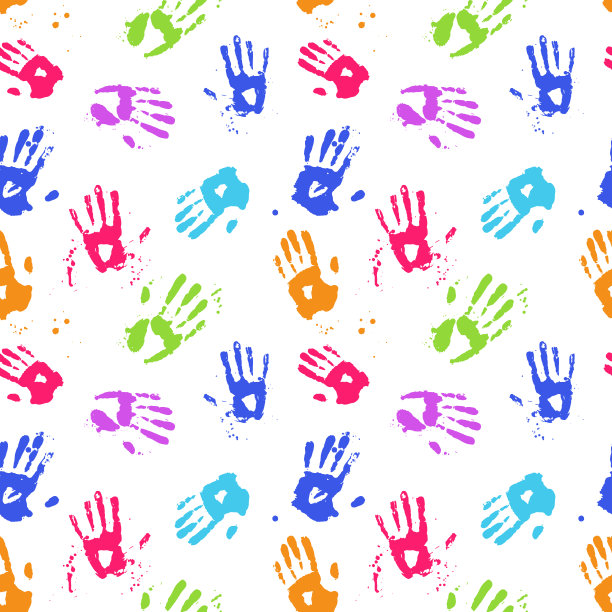 彩色手印无缝图案。彩色儿童的手印孤立在白色背景上。适合儿童俱乐部，美术工作室，墙纸，包装纸。矢量插图。图片下载