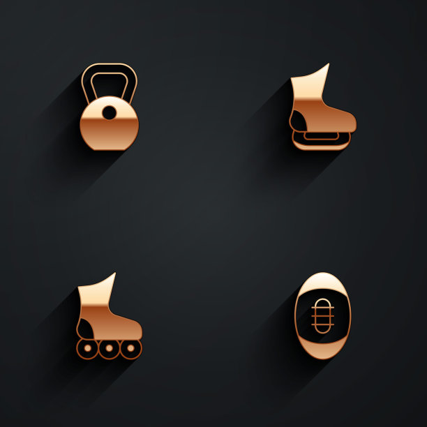 设置重量，溜冰鞋，轮滑和美式足球图标与长阴影。向量图片下载