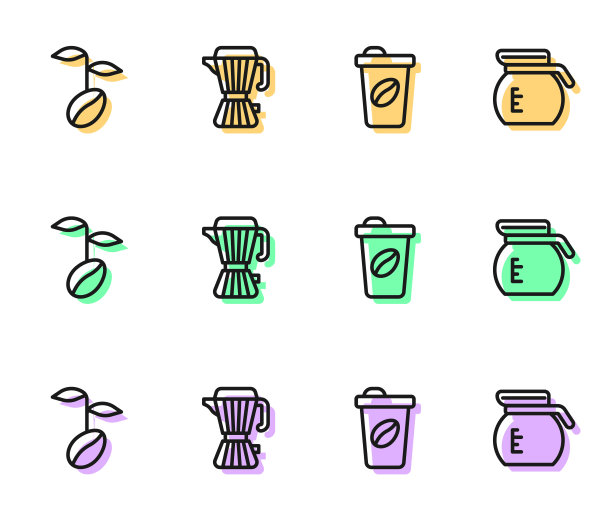 设置线咖啡杯，咖啡豆，咖啡壶和图标。向量图片下载