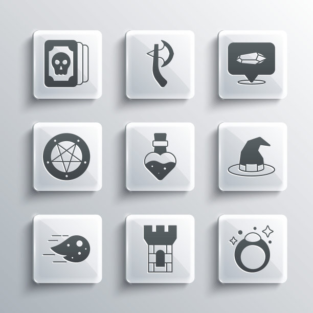 设置城堡塔，魔法石戒指，女巫帽子，瓶子药水，火球，五角星圆圈，塔罗牌和图标。向量图片下载