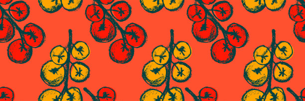 樱桃番茄图案无缝向量标签追赶或番茄汁包装。素食者的背景。图片下载