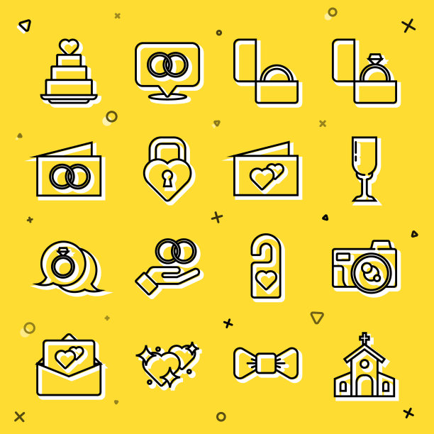 集教堂建筑，相机，香槟玻璃，钻石订婚戒指，城堡心形，贺卡，婚礼蛋糕和图标。向量图片下载