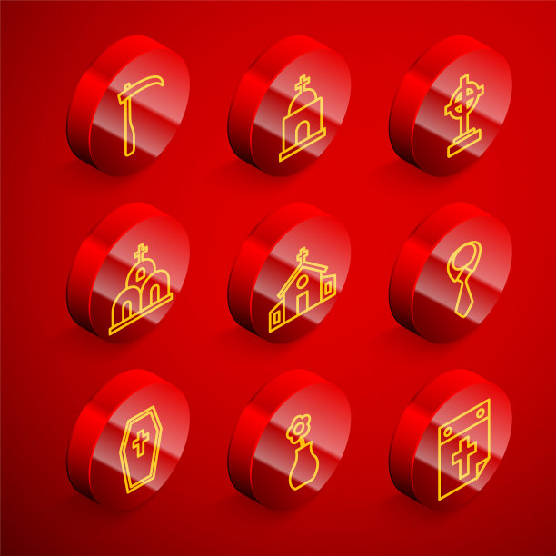 Set line Scythe, Old crypt, Grave with cross, Church building, Tie, Coffin and Flower vase icon。向量图片下载