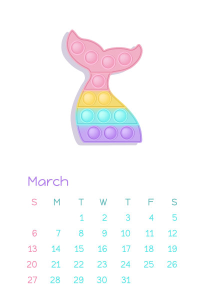 2022年三月，用蜡笔画出烦躁的玩具数字。矢量插图在popit风格作为时尚的硅胶玩具烦躁。可打印的壁挂历。集合的一部分图片下载