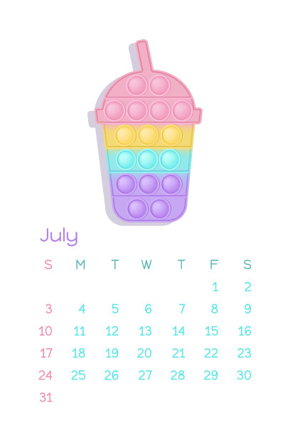 2022年7月，用蜡笔画出烦躁的玩具数字。矢量插图在popit风格作为时尚的硅胶玩具烦躁。可打印的壁挂历。集合的一部分图片下载