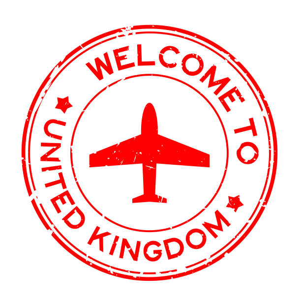 垃圾红色欢迎来到英国，白色背景上有飞机图标圆形橡胶印章图片下载