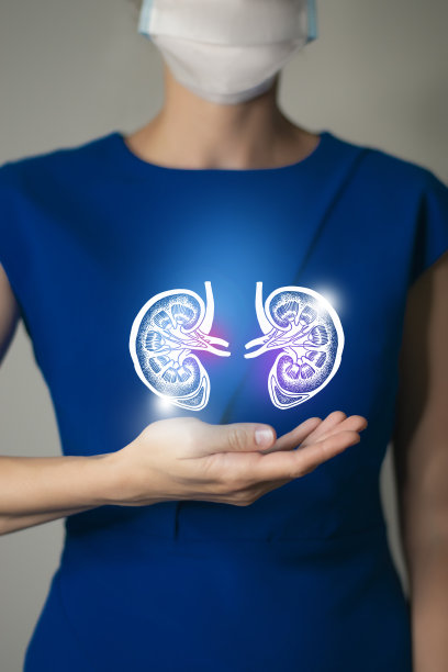 一个无法辨认的穿着蓝色衣服的女人手里拿着醒目的手肾。医学插画，模板，科学模型。图片下载