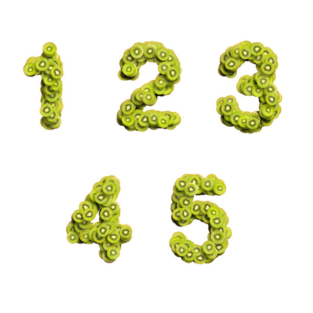 3d字母，一组由猕猴桃制成的数字，3d渲染，一，二，三，四，五图片下载