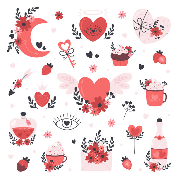情人节浪漫元素集合。爱情、婚礼、情人节的概念。矢量图图片下载
