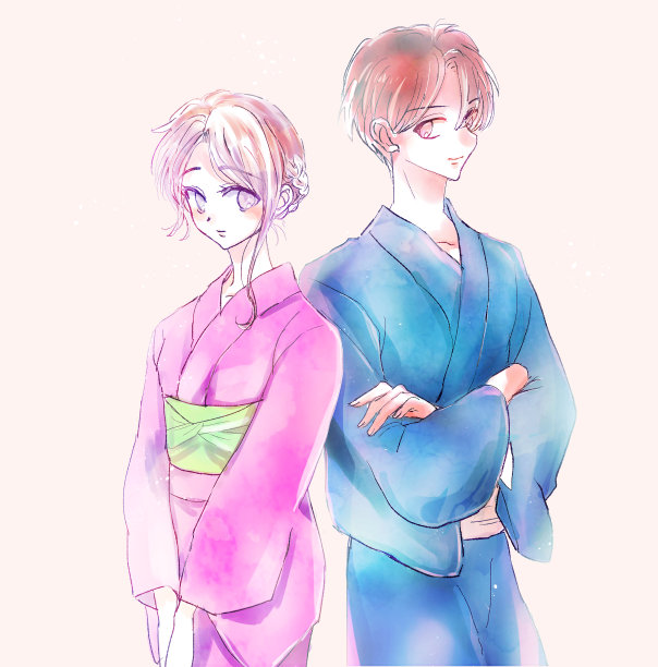 在浴衣的男人和女人的插图图片下载