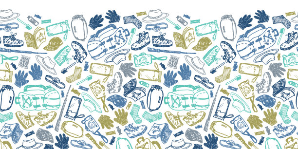 矢量白色无缝涂鸦草图水平边界模式与徒步旅行和徒步旅行的对象。适用于海报和登山宣传册。图片下载